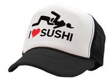 Load image into Gallery viewer, I HEART SUSHI - 69 eat out sexy down town - Vintage Retro Style Trucker Cap Hat - Five Panel Retro Style TRUCKER Cap
