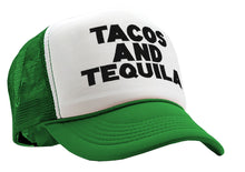 Load image into Gallery viewer, TEQUILAS and TACOS - party time mexican food - Vintage Retro Style Trucker Cap Hat - Five Panel Retro Style TRUCKER Cap
