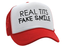 Load image into Gallery viewer, REAL TITS FAKE SMILE - parody joke gag - Vintage Retro Style Trucker Cap Hat - Five Panel Retro Style TRUCKER Cap
