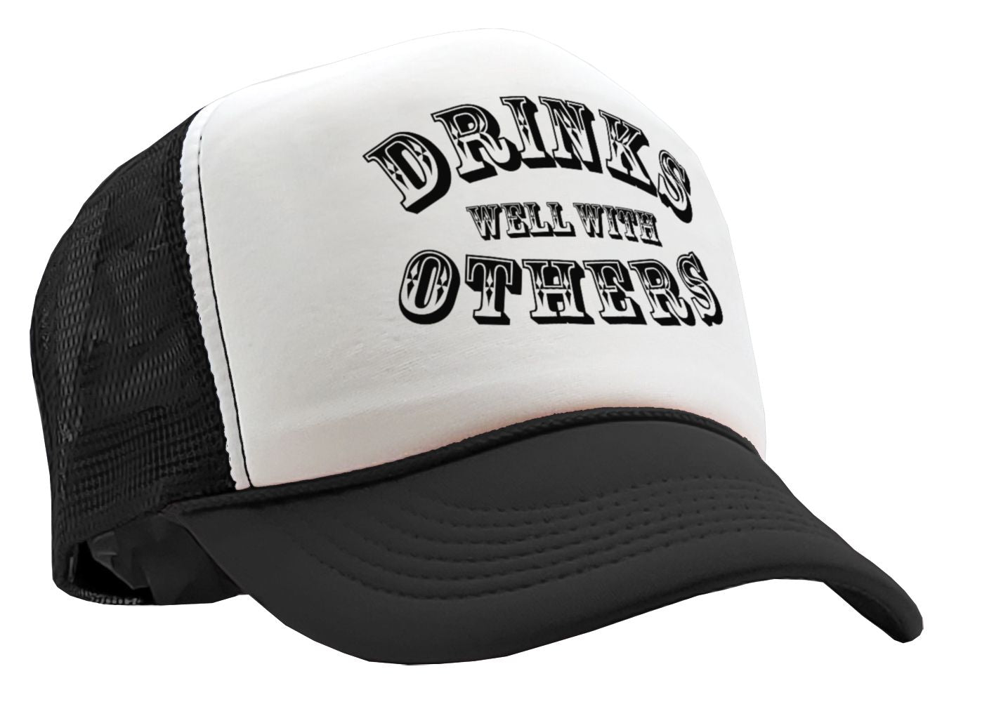 DRINKS WELL WITH OTHERS - alcohol party - Vintage Retro Style Trucker Cap Hat - Five Panel Retro Style TRUCKER Cap