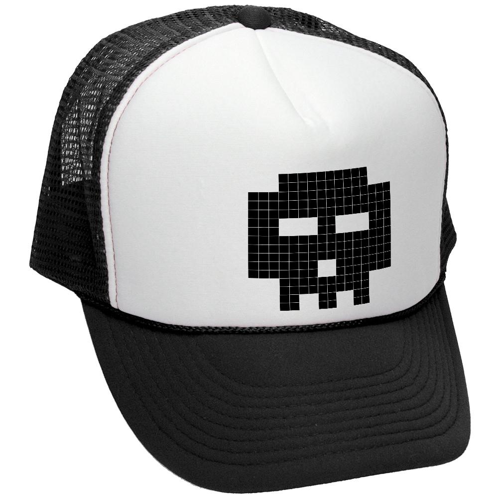 8-BIT SKULL - gamer gaming pilgrim - Vintage Retro Style Trucker Cap Hat (Black)