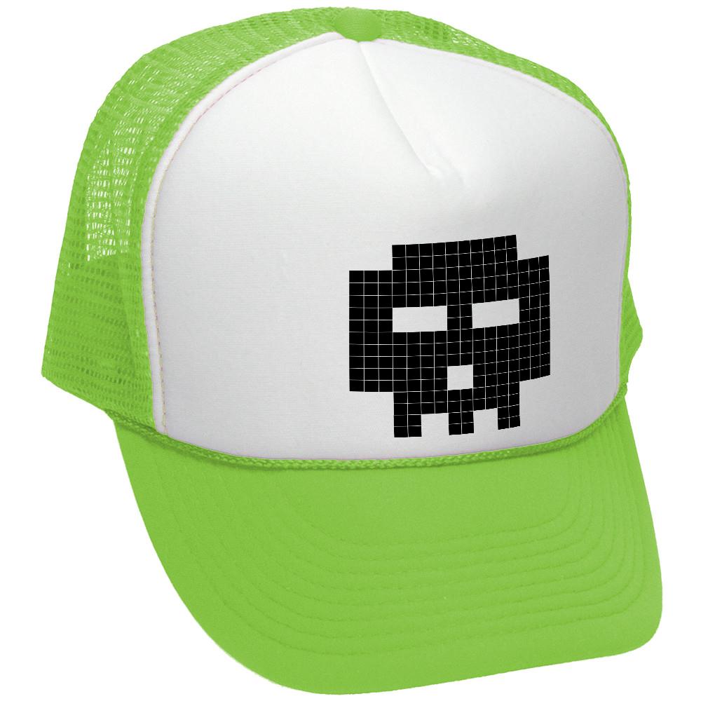 8-BIT SKULL - gamer gaming pilgrim - Vintage Retro Style Trucker Cap Hat (Black)