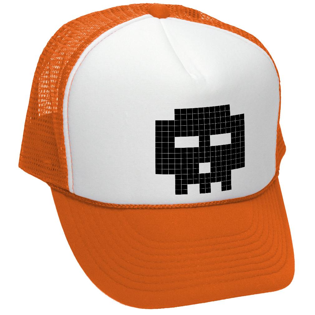 8-BIT SKULL - gamer gaming pilgrim - Vintage Retro Style Trucker Cap Hat (Black)