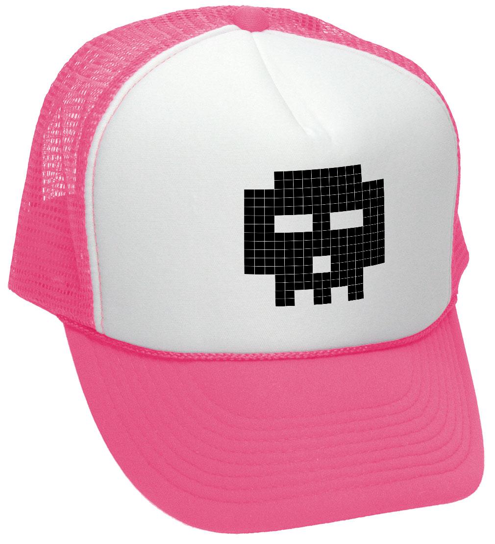 8-BIT SKULL - gamer gaming pilgrim - Vintage Retro Style Trucker Cap Hat (Black)