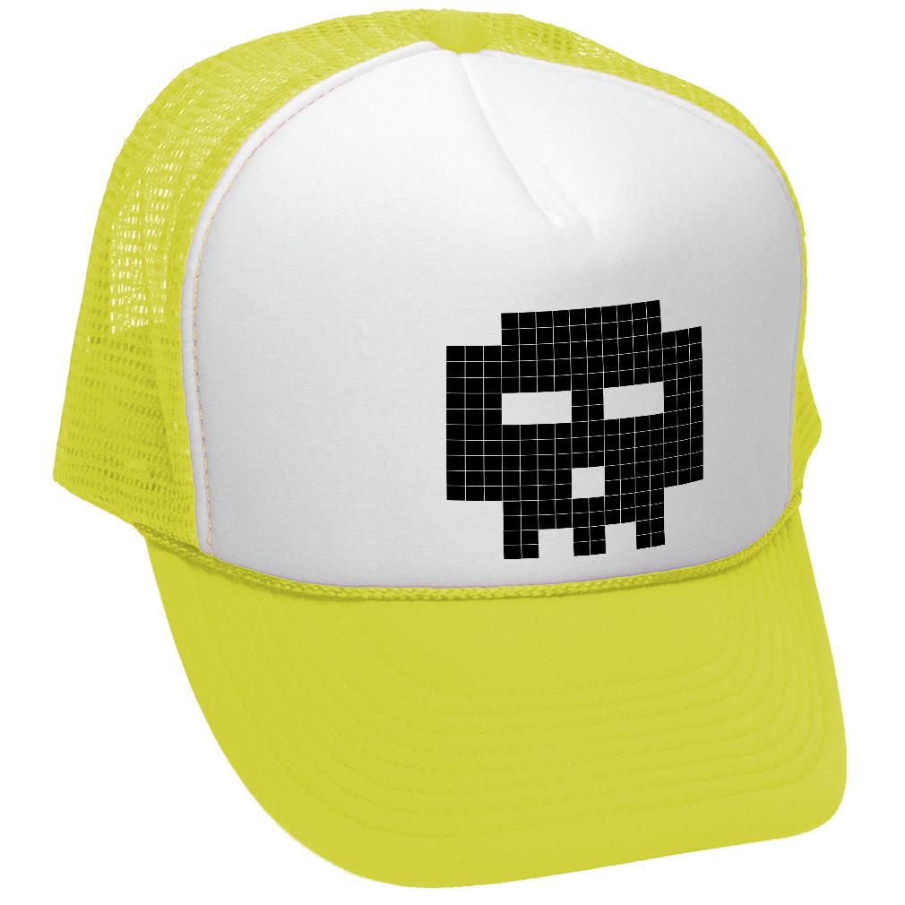 8-BIT SKULL - gamer gaming pilgrim - Vintage Retro Style Trucker Cap Hat (Black)