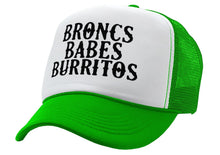 Load image into Gallery viewer, BRONCS BABES and BURRITOS - cowboy humor - Vintage Retro Style Trucker Cap Hat - Five Panel Retro Style TRUCKER Cap
