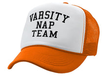 Load image into Gallery viewer, VARSITY NAP TEAM - college sleep joke - Vintage Retro Style Trucker Cap Hat - Five Panel Retro Style TRUCKER Cap
