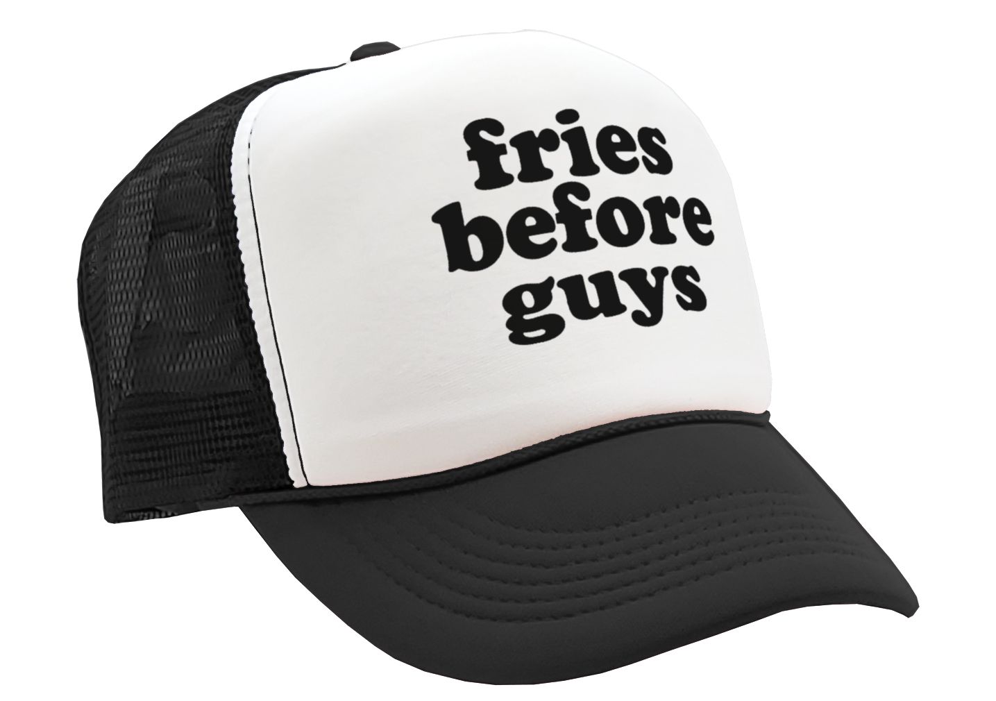 FRIES BEFORE GUYS - funny lady joke - Vintage Retro Style Trucker Cap Hat - Five Panel Retro Style TRUCKER Cap