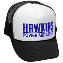 Load image into Gallery viewer, Hawkins Power and Light company Trucker Hat - Mesh Cap - Five Panel Retro Style TRUCKER Cap
