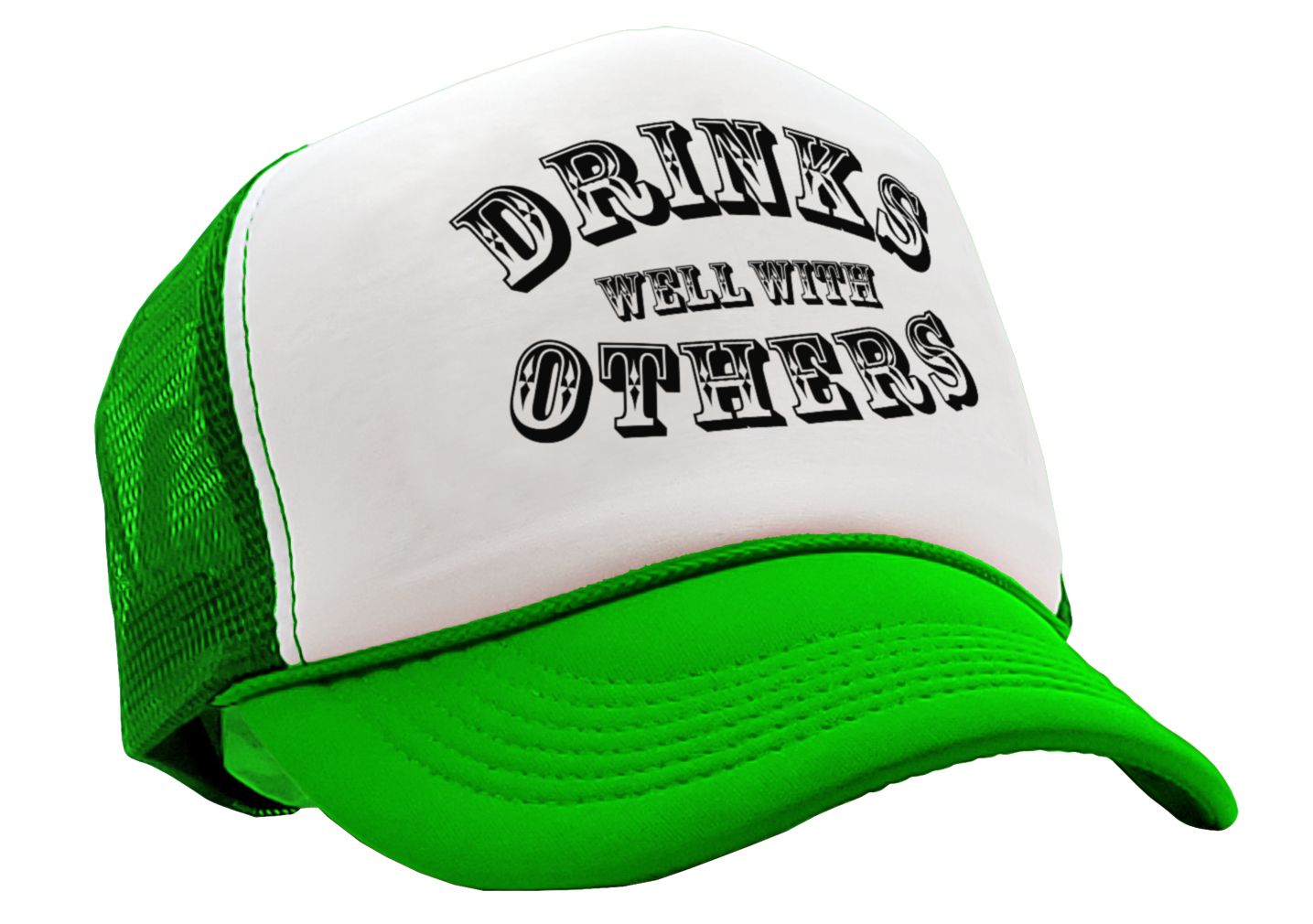 DRINKS WELL WITH OTHERS - alcohol party - Vintage Retro Style Trucker Cap Hat - Five Panel Retro Style TRUCKER Cap