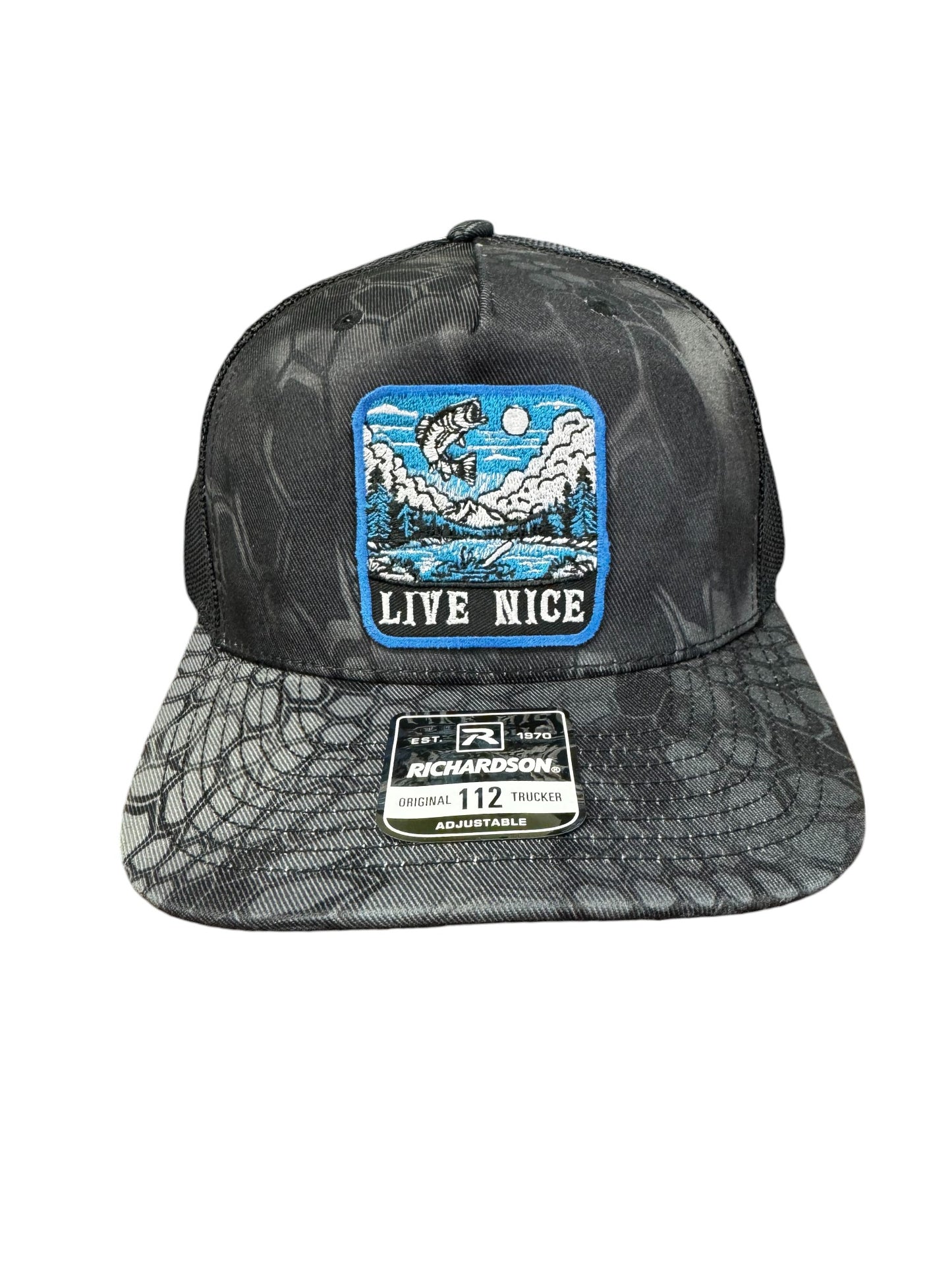 Live Nice Small Mouth Bass Embroidered Patch Adjustable Snap Back Trucker Hat