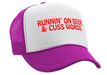 Load image into Gallery viewer, RUNNIN&#39; On beer and cuss words - Vintage Retro Style Trucker Cap Hat - Five Panel Retro Style TRUCKER Cap
