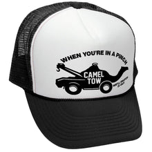 Load image into Gallery viewer, Camel Tow Trucker Hat - Mesh Cap - Flat Bill Snap Back 5 Panel Hat
