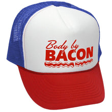 Load image into Gallery viewer, Body by Bacon Trucker Hat - Mesh Cap - Flat Bill Snap Back 5 Panel Hat
