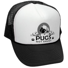 Load image into Gallery viewer, Pugs Not Drugs Trucker Hat - Mesh Cap - Five Panel Retro Style TRUCKER Cap
