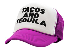 Load image into Gallery viewer, TEQUILAS and TACOS - party time mexican food - Vintage Retro Style Trucker Cap Hat - Five Panel Retro Style TRUCKER Cap
