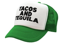 Load image into Gallery viewer, TEQUILAS and TACOS - party time mexican food - Vintage Retro Style Trucker Cap Hat - Five Panel Retro Style TRUCKER Cap
