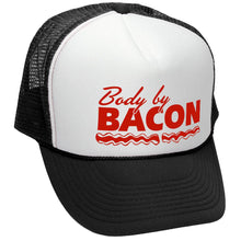 Load image into Gallery viewer, Body by Bacon Trucker Hat - Mesh Cap - Flat Bill Snap Back 5 Panel Hat
