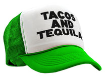 Load image into Gallery viewer, TEQUILAS and TACOS - party time mexican food - Vintage Retro Style Trucker Cap Hat - Five Panel Retro Style TRUCKER Cap
