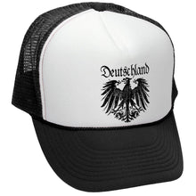 Load image into Gallery viewer, Black Deutschland Eagle Trucker Hat - Flat Bill Snap Back 5 Panel Hat
