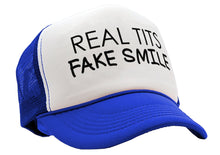 Load image into Gallery viewer, REAL TITS FAKE SMILE - parody joke gag - Vintage Retro Style Trucker Cap Hat - Five Panel Retro Style TRUCKER Cap
