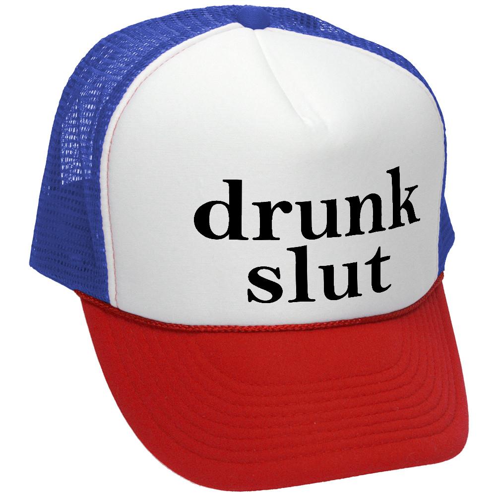 DRUNK SLUT - party frat college beer drink - Vintage Retro Style Trucker Cap Hat - Five Panel Retro Style TRUCKER Cap