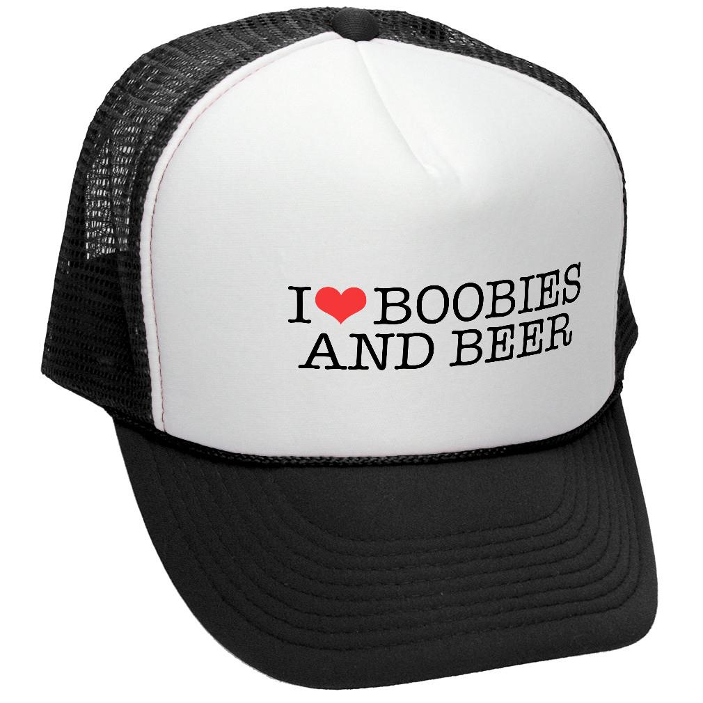 I Heart BOOBIES and BEER - Retro Vintage Mesh Trucker Cap Hat - Five Panel Retro Style TRUCKER Cap