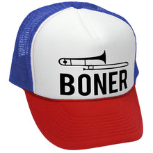 Load image into Gallery viewer, Boner Trucker Hat - Mesh Cap - Flat Bill Snap Back 5 Panel Hat
