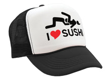 Load image into Gallery viewer, I HEART SUSHI - 69 eat out sexy down town - Vintage Retro Style Trucker Cap Hat - Five Panel Retro Style TRUCKER Cap
