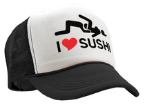 Load image into Gallery viewer, I HEART SUSHI - 69 eat out sexy down town - Vintage Retro Style Trucker Cap Hat - Five Panel Retro Style TRUCKER Cap
