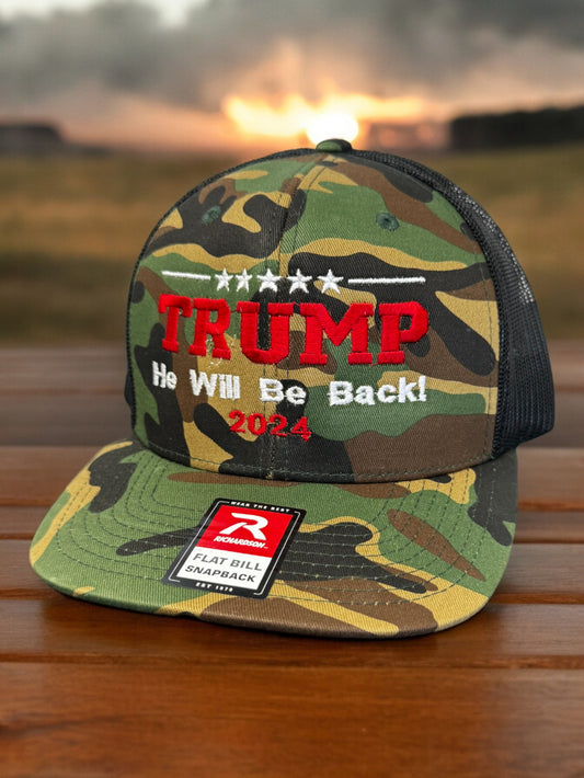 Embroidered Trump 2024 - He Will Be Back Adjustable Snap Back Camo Trucker Hat Cap