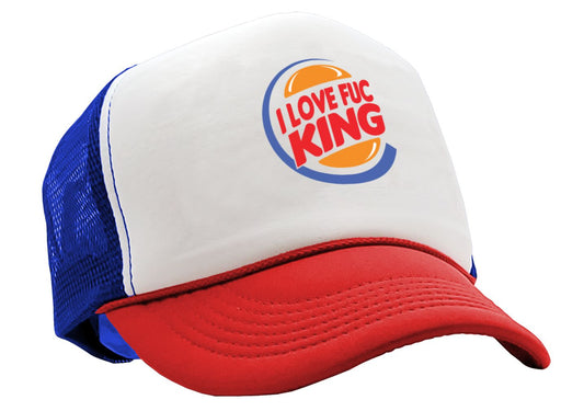 I LOVE F---ING - Burger Logo Parody - Five Panel Retro Style TRUCKER Cap