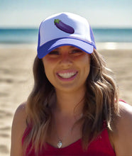 Load image into Gallery viewer, Girl smiling wearing a Boner Eggplant trucker cap
