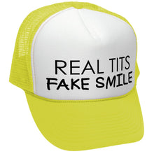 Load image into Gallery viewer, REAL TITS FAKE SMILE - parody joke gag - Vintage Retro Style Trucker Cap Hat - Five Panel Retro Style TRUCKER Cap
