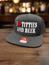 Load image into Gallery viewer, I Heart Titties &amp; Beer - Adjustable Snapback Trucker Hat
