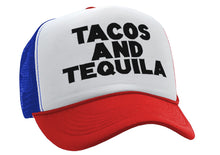 Load image into Gallery viewer, TEQUILAS and TACOS - party time mexican food - Vintage Retro Style Trucker Cap Hat - Five Panel Retro Style TRUCKER Cap
