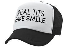 Load image into Gallery viewer, REAL TITS FAKE SMILE - parody joke gag - Vintage Retro Style Trucker Cap Hat - Five Panel Retro Style TRUCKER Cap
