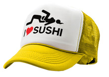 Load image into Gallery viewer, I HEART SUSHI - 69 eat out sexy down town - Vintage Retro Style Trucker Cap Hat - Five Panel Retro Style TRUCKER Cap
