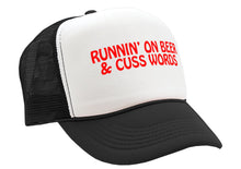 Load image into Gallery viewer, RUNNIN&#39; On beer and cuss words - Vintage Retro Style Trucker Cap Hat - Five Panel Retro Style TRUCKER Cap
