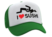 Load image into Gallery viewer, I HEART SUSHI - 69 eat out sexy down town - Vintage Retro Style Trucker Cap Hat - Five Panel Retro Style TRUCKER Cap
