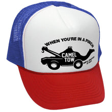 Load image into Gallery viewer, Camel Tow Trucker Hat - Mesh Cap - Flat Bill Snap Back 5 Panel Hat
